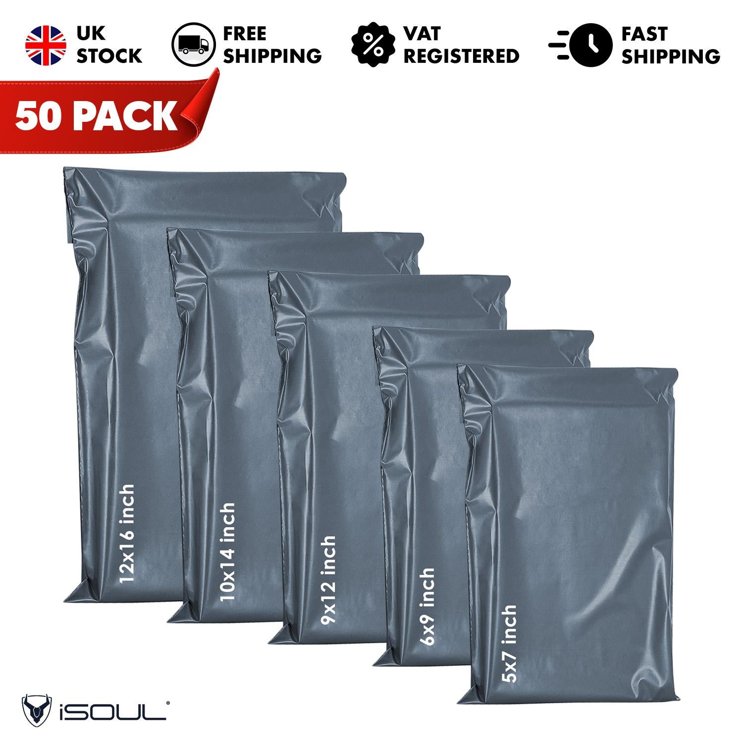 50 Mixed Size Grey Mailing Bags, Postage Bags for Clothes, Self-Seal Closure Parcel Bags 5 Sizes Small to Large Postal Bags 10 Each delivery bags postage bags postbag