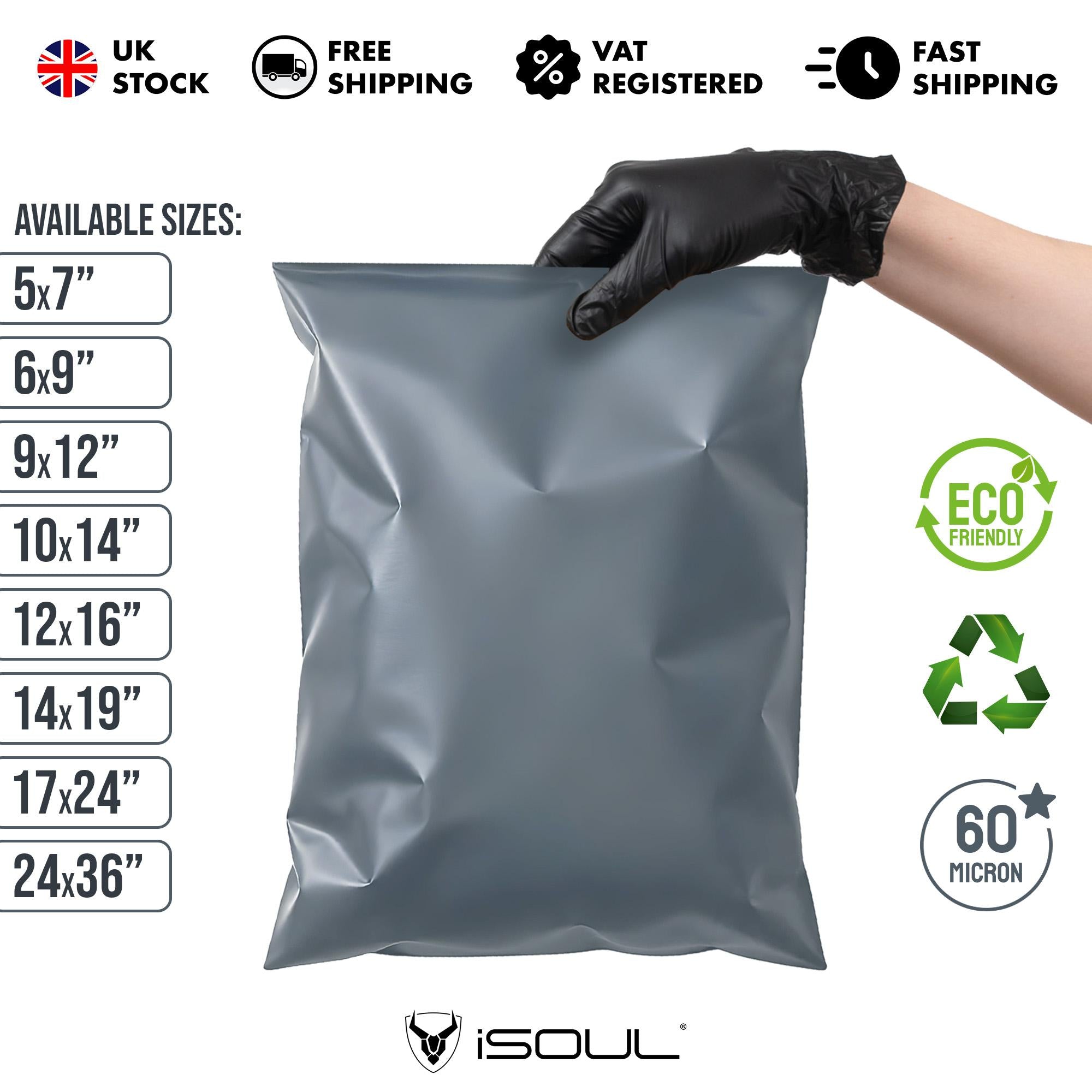 iSOUL Grey Mailing Bags for Posting Clothes 5”x7” to 24”x36”, Self-Seal Closure Postal Packaging Bags, Tempered Proof Postage Bags Envelopes