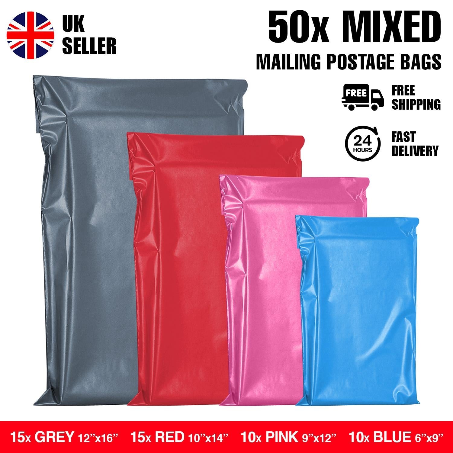 iSOUL Poly Mailing Bags - Mixed 50 Colours in 4 Sizes - Durable, Secure, Tamper-Proof - 50 Pack delivery bags postage bags postbag mailing bag