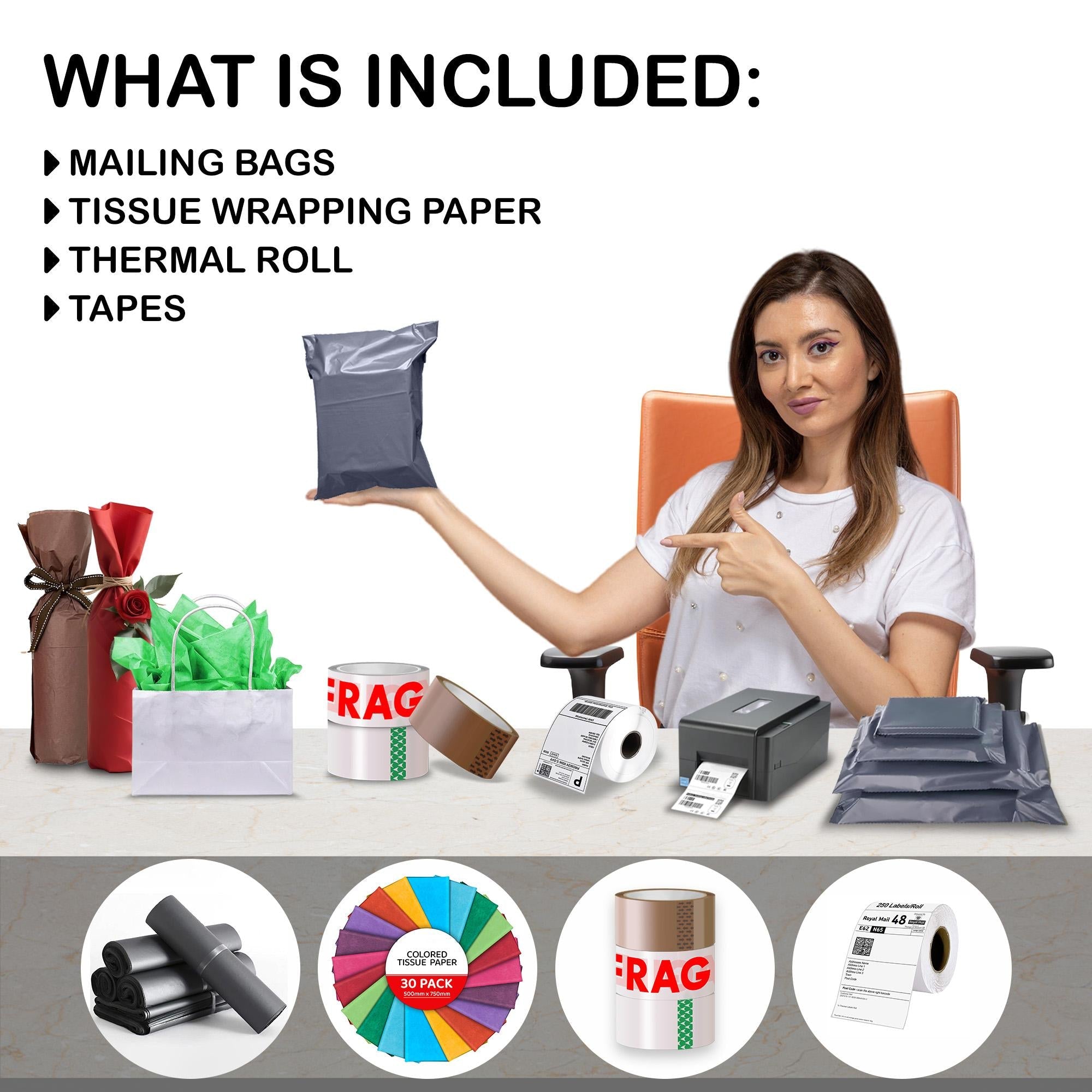 iSOUL Packaging Kit 100 Mailing Bags, 3 Cello Tapes, 30 Tissue Papers & 250 Thermal Rolls mailing bag