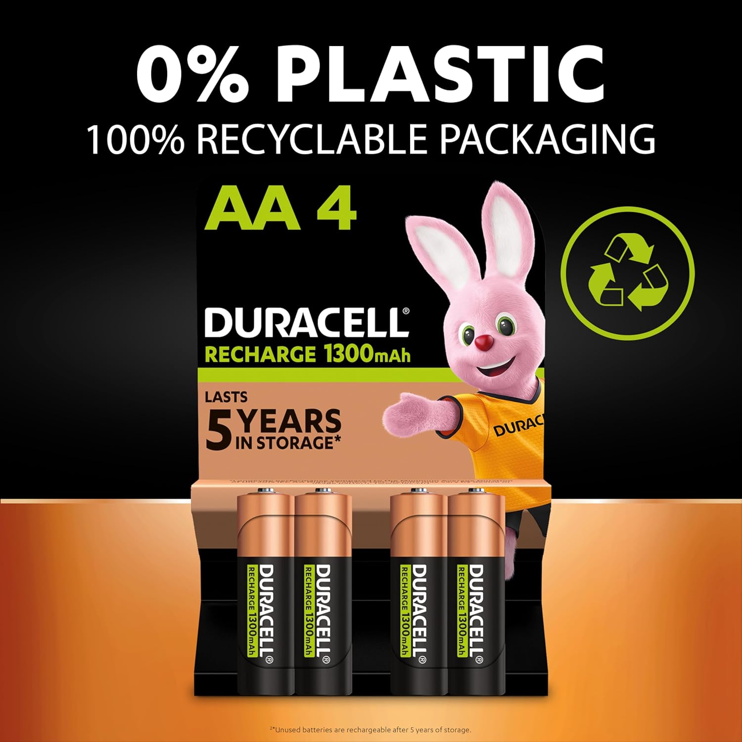 Duracell Rechargeable AA Batteries (Pack of 4), Pre-Charged 1300mAh & 2500 mAh NiMH Longest Lasting Rechargeable battery with 0% plastic 100% recyclable packaging