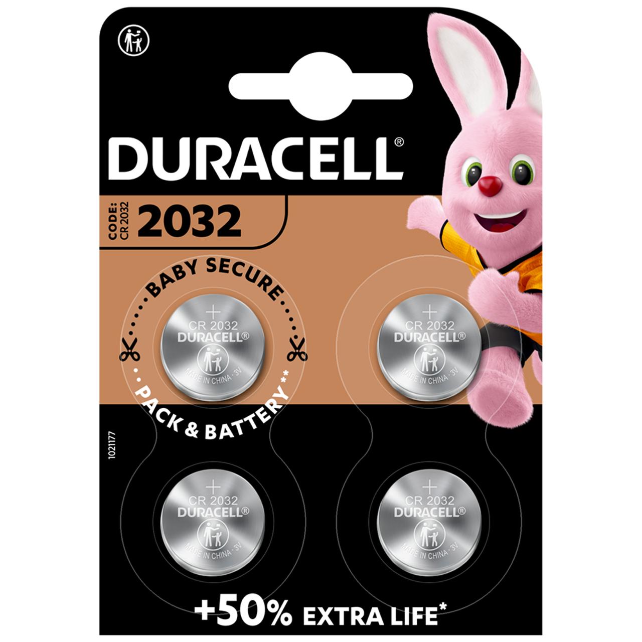 Duracell CR2032 Batteries Pack of 4 - Up to 70% Extra Life with Baby Secure Technology - Durable Accessories Devices