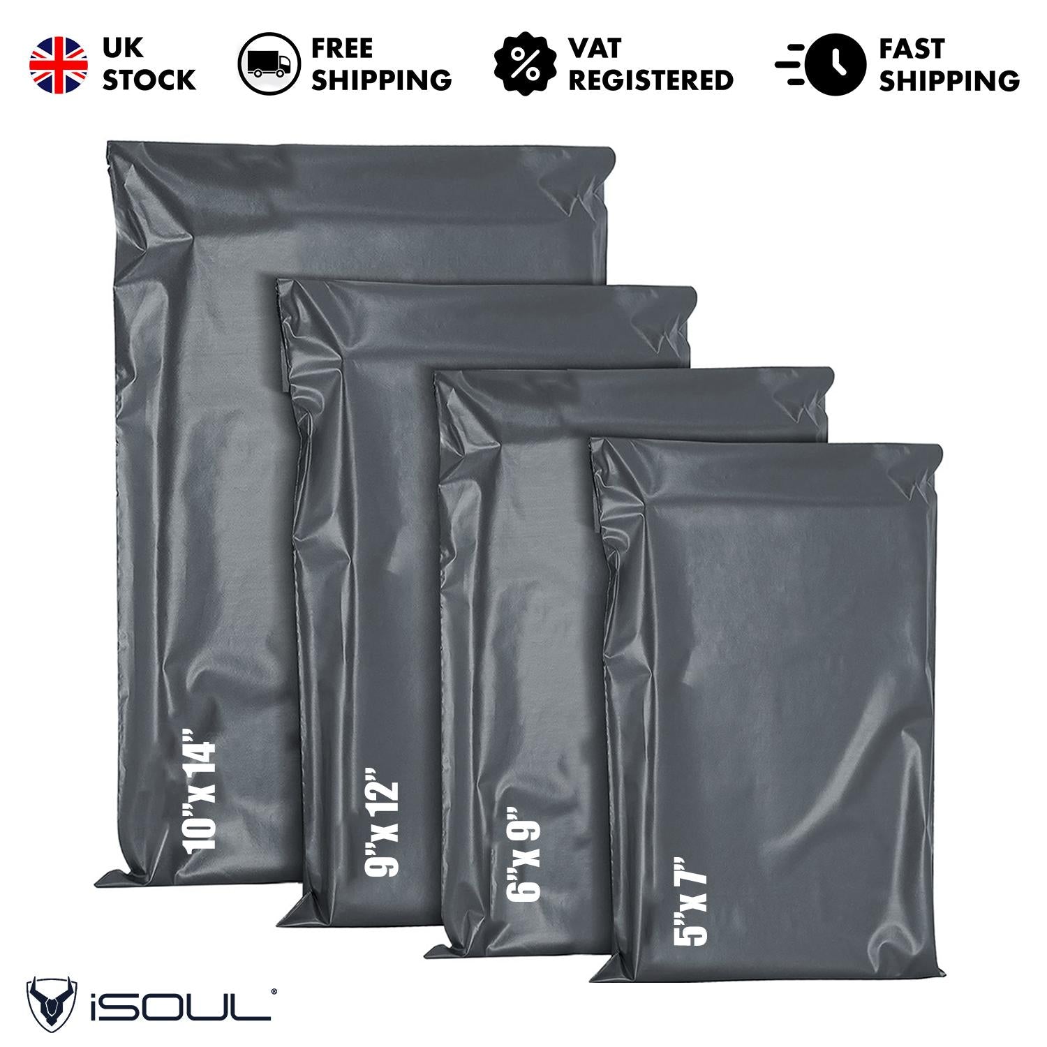 100 Assorted Mixed Grey Mailing Poly Postal Self Seal Bags 4 Sizes 25 from Each iSOUL Extra Small to Large Postage Packaging Assorted Mailers Posting Shipping Post Parcels Package Bags